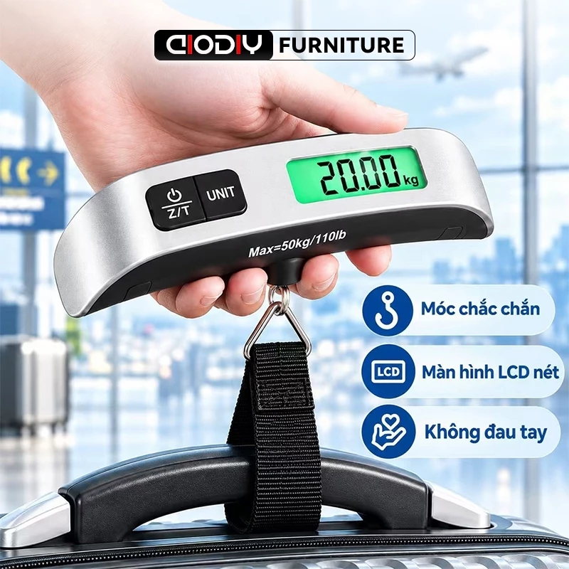 Cân Điện Tử AIODIY, Cân Hành Lý Du Lịch Đa Năng 50kg, Cân Treo Mini Cầm Tay, LCD Rõ Nét Nhỏ Gọn