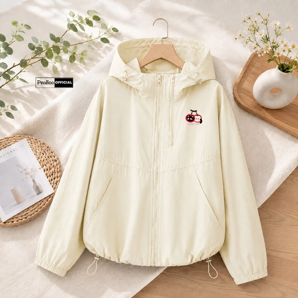 Áo Khoác Gió Nhăn, Áo Gió Nam Nữ By Peaboo Mã BST06 Cherry Cat Chống Nắng Thoáng Mát Có Mũ Form Rộng