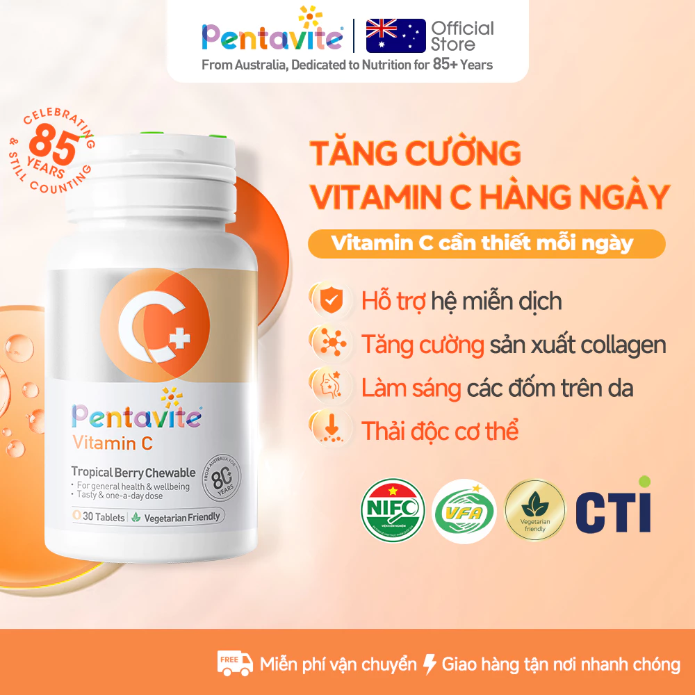 Pentavite Vitamin C 30 viên nhai – Tăng đề kháng, sáng da, chống oxy hóa, hỗ trợ collagen