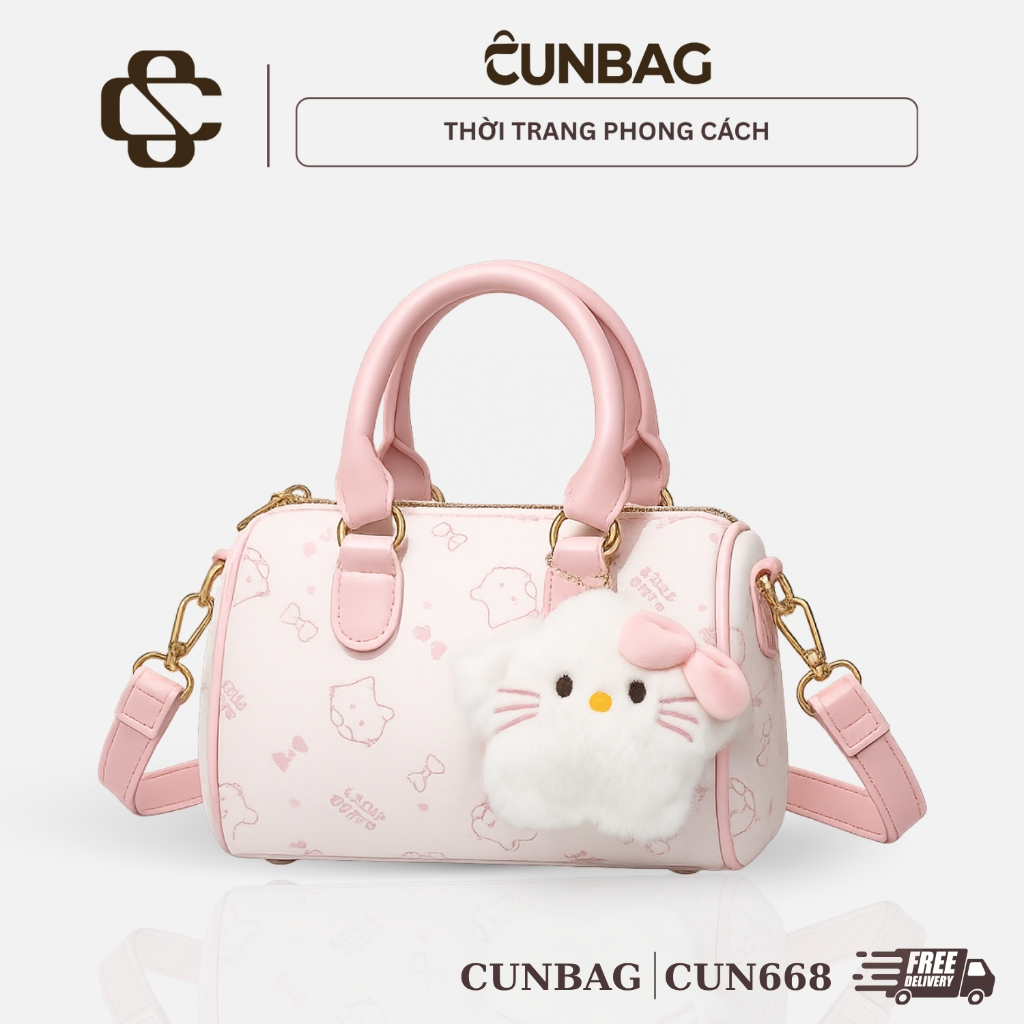 Tặng Móc Túi Xách Nữ Dáng Trống In Kitty Dễ Thương Kèm Charm Xinh Xắn CUN668