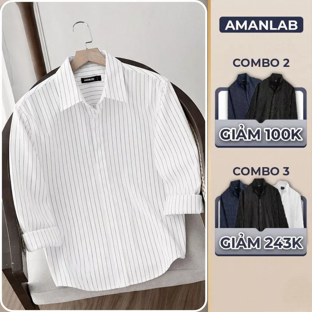 [UPDATE MÀU MỚI] Áo sơ mi dài tay kiểu sọc, vải cotton spandex, form regular Pinstripe Noir  AMANLAB