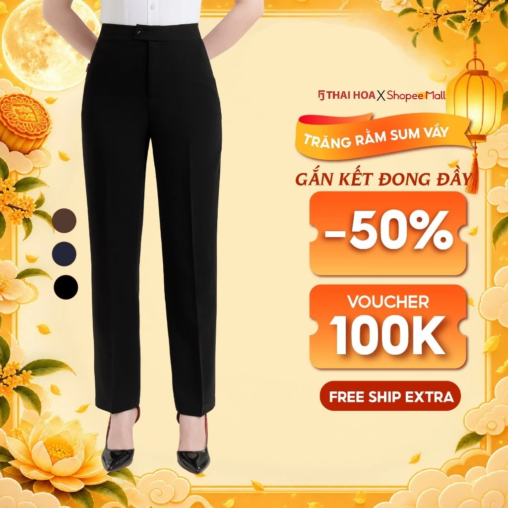 Quần tây nữ Thái Hòa 278 ống đứng chất liệu Rayon Spandex cạp cao trên rốn 1 cúc lệch cao cấp