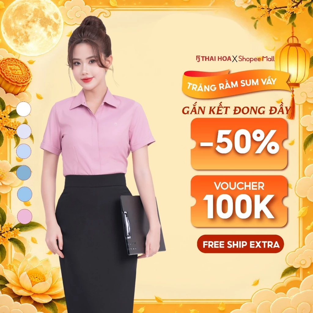 Áo sơ mi ngắn tay nữ 242 tinh chất Lô hội nhiều màu vải dệt xéo Thái Hòa