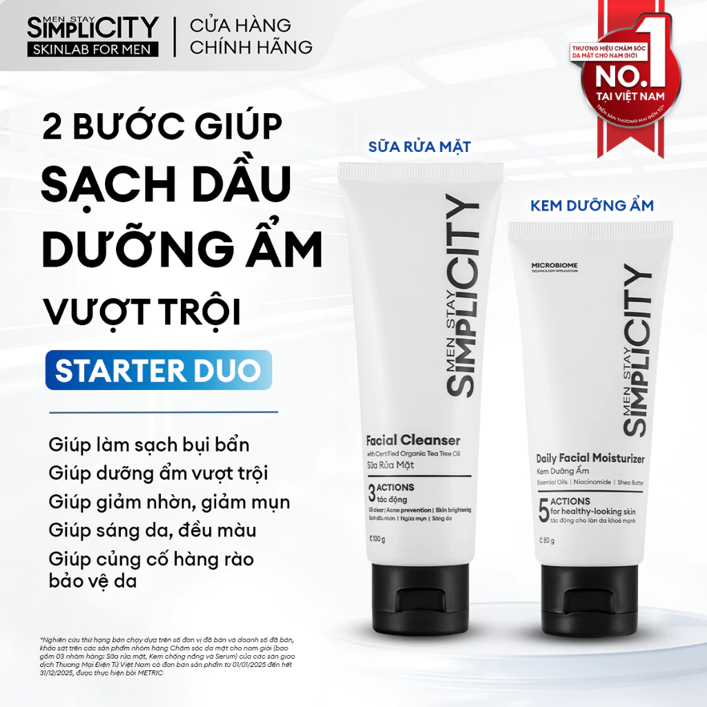 Combo Starter Duo giúp sạch dầu, dưỡng ẩm vượt trội cho nam Men Stay Simplicity: Sữa rửa mặt 100g và Kem dưỡng ẩm 80g