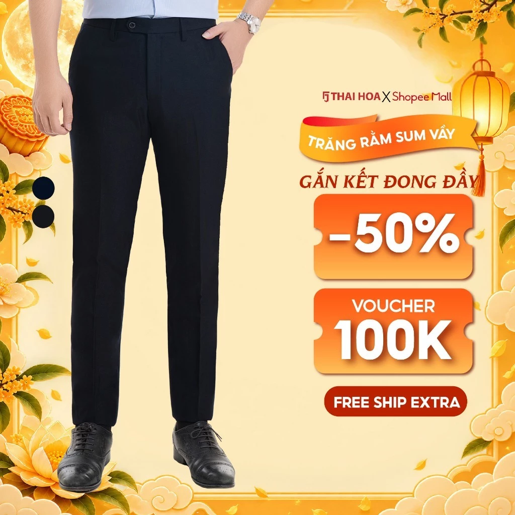 Quần tây nam trơn 898 1 cúc đen gấu chờ cao cấp Thái Hòa