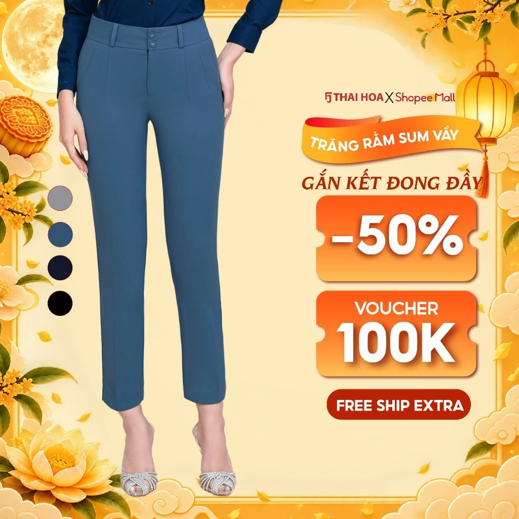 Quần tây nữ sợi gỗ sồi 2 cúc 2 ly ống đứng Thái Hòa 214 (100% tinh chất)