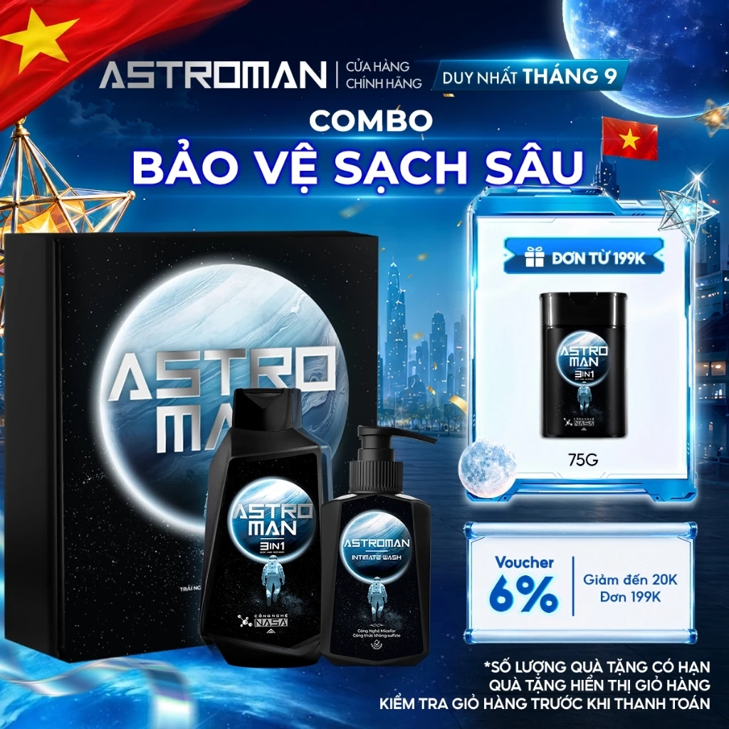 Combo Cho Nam Giới Sữa Tắm Gội Nam 3in1 ASTROMAN 350G & Dung Dịch Vệ Sinh 120ML ASTROMAN Dịu Nhẹ