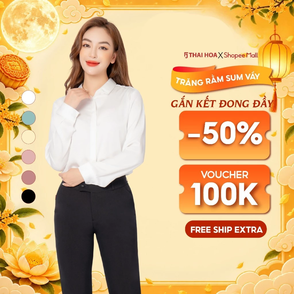 Áo sơ mi R09 dài tay nữ vải lụa trơn form suông các màu thời trang công sở Thái Hòa