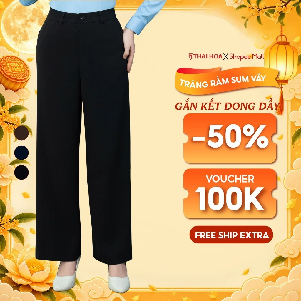 Quần ống suông nữ 277 Thái Hòa chất liệu Rayol phối Spandex cạp cao trên rốn bản cạp 1 cúc