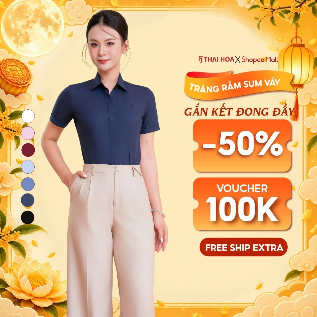 Áo sơ mi nữ 246 ngắn tay sợi cotton phối poly vải trơn cao cấp nẹp khuy chiết ly eo Thái Hòa