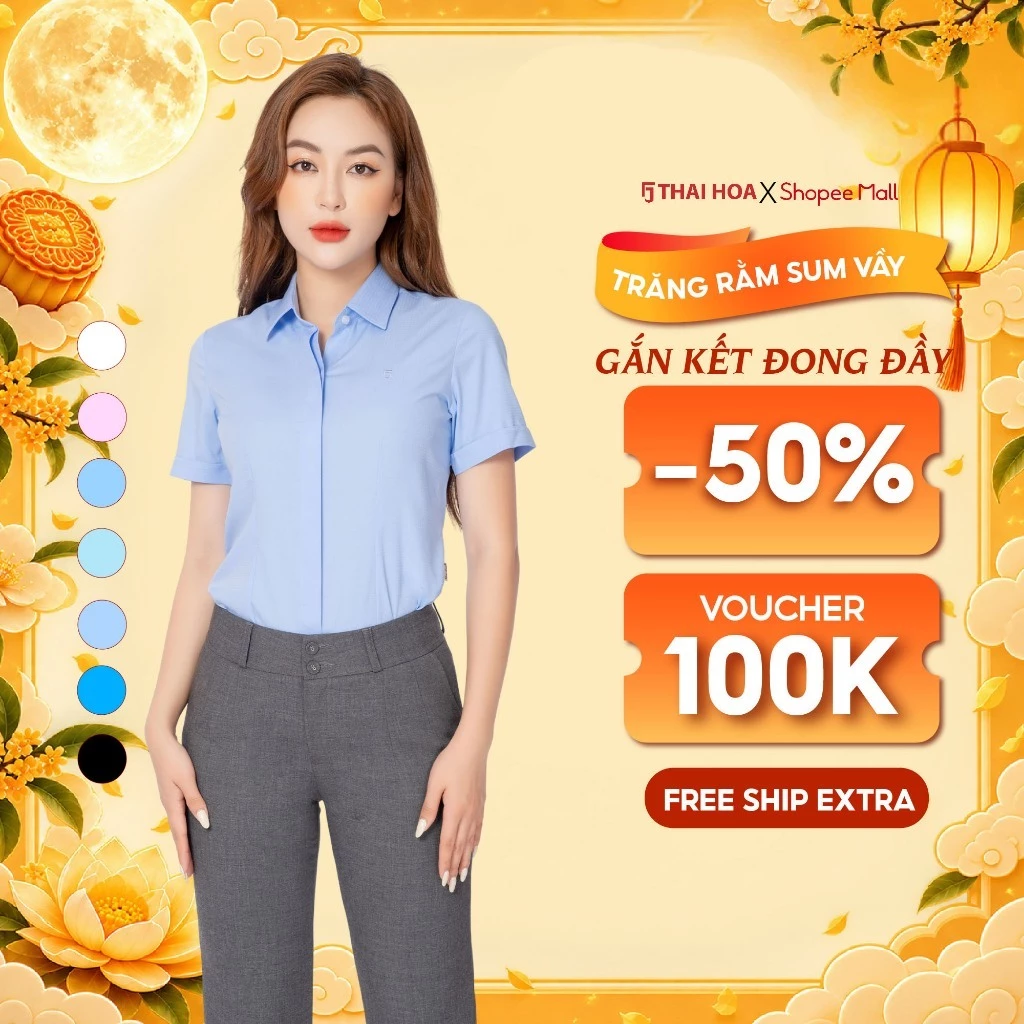 Áo sơ mi nữ R12 ngắn tay công sở thiết kế nhiều màu vải sợi tre kẻ ô chìm Thái Hòa