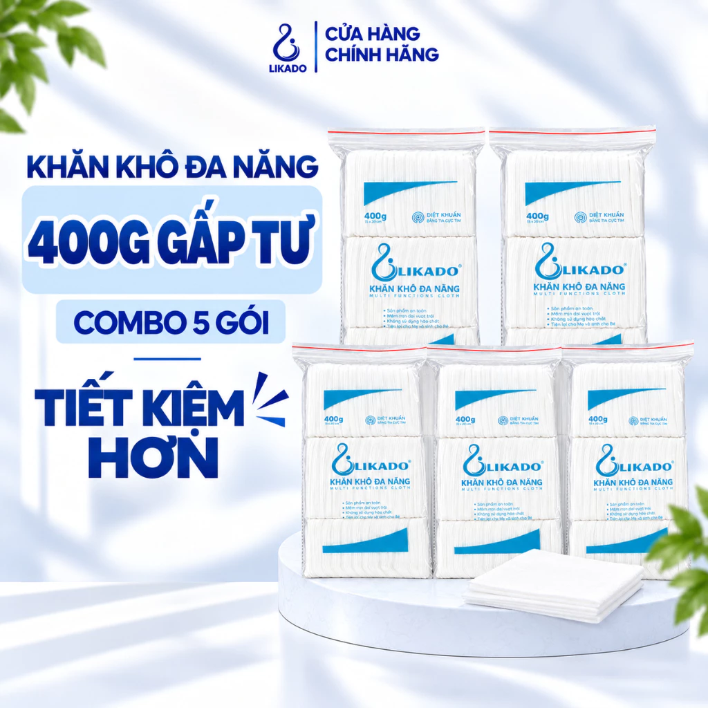 Khăn khô đa năng cho bé likado 400g kích thước 15x20cm - SET 5 GÓI