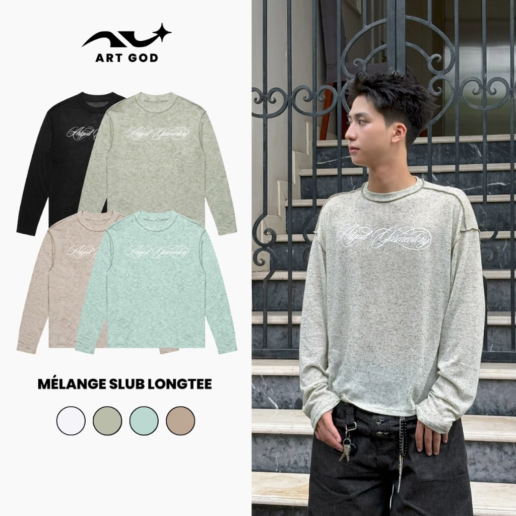 Áo Thun Giấy Dài Tay Dệt Kim Họa Tiết Melange May Ngược Vắt Sổ Streetwear Unisex ARTGOD HMT075