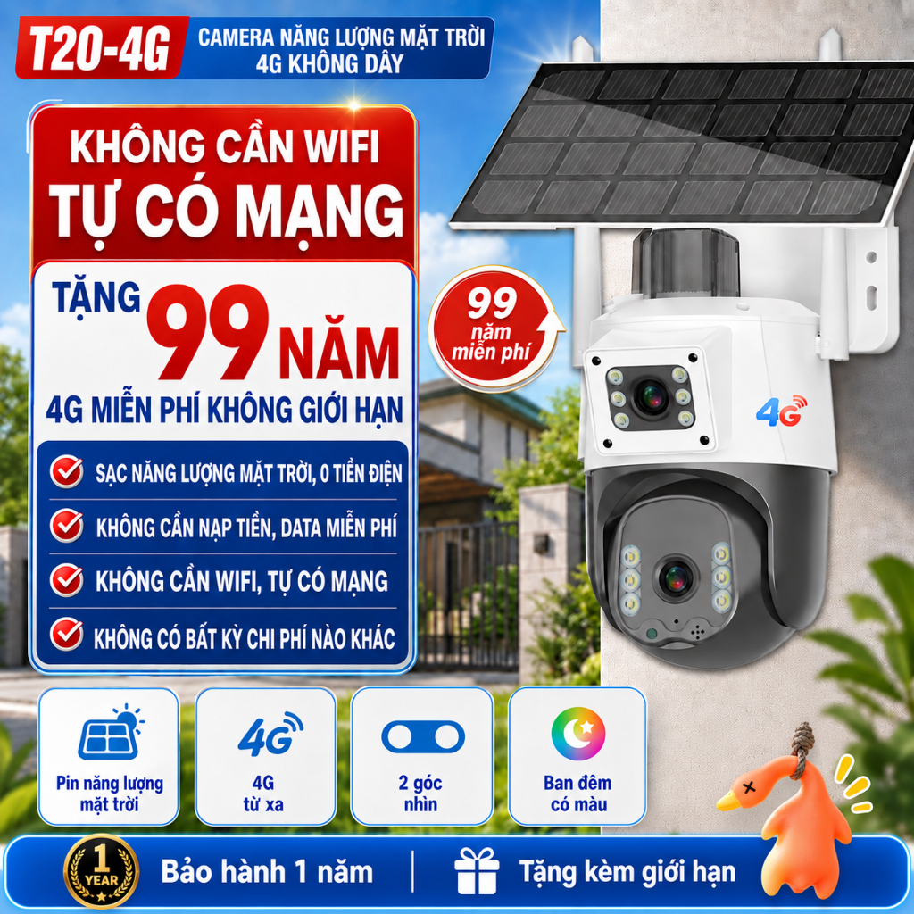 Camera an ninh ngoài trời 4G, Data miễn phí trọn đời, Năng lượng mặt trời…
