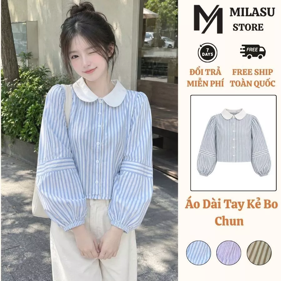 Áo Sơ Mi Cổ Phối Trắng Dài Tay Bo Chun Milasu Áo Kẻ Kiểu Dáng Lửng Tay Bồng Trẻ Trung 570
