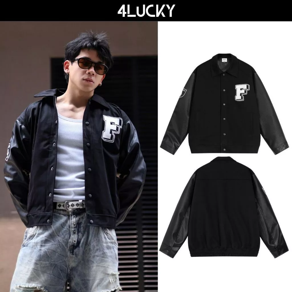 Áo Khoác Varsity Jacket Kaki Phối Tay Da 4LUCKY 6149 – Form Rộng , Màu Đen, Có Túi Trong