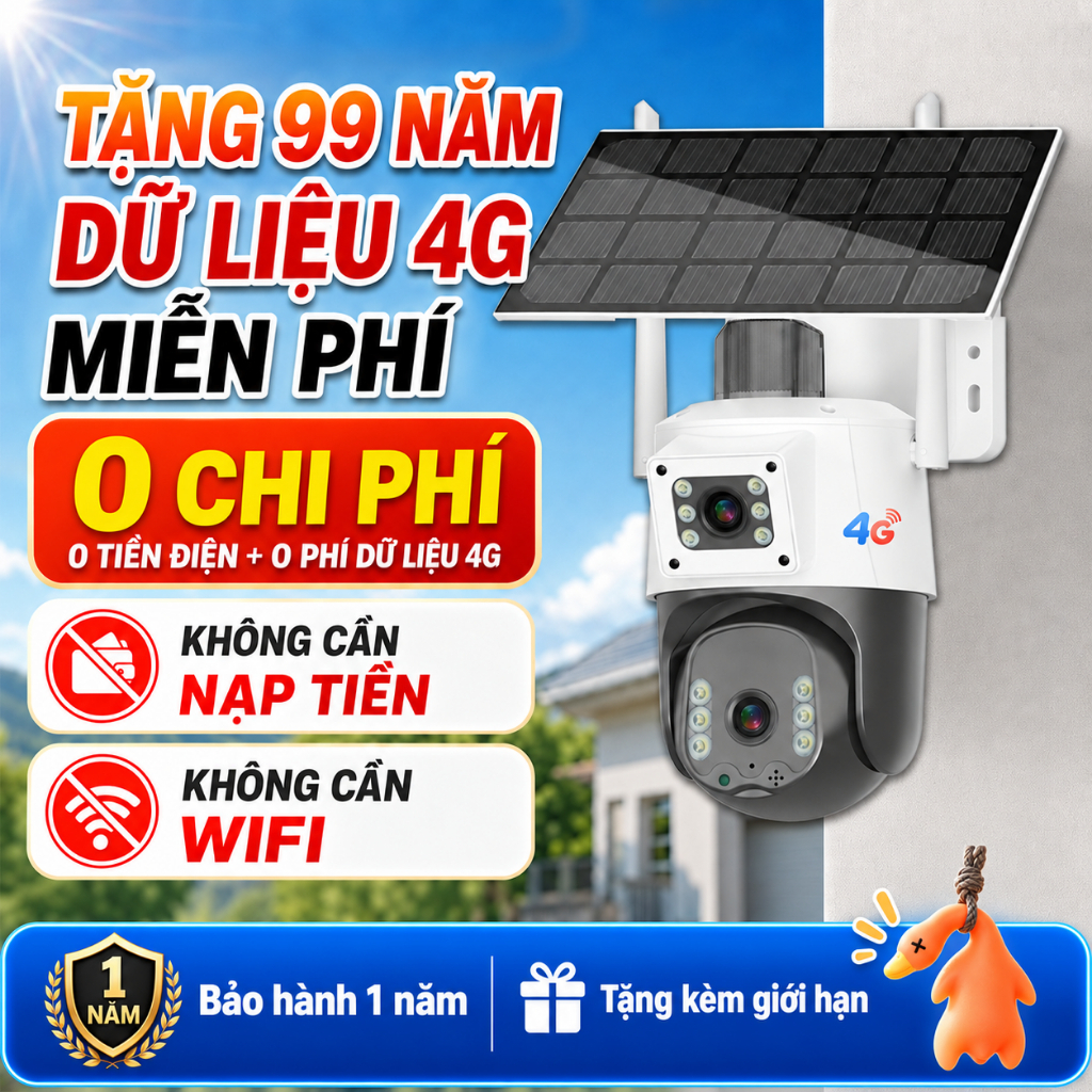 Camera giám sát ngoài trời 4G, không WiFi, không điện, sạc năng lượng mặt trời