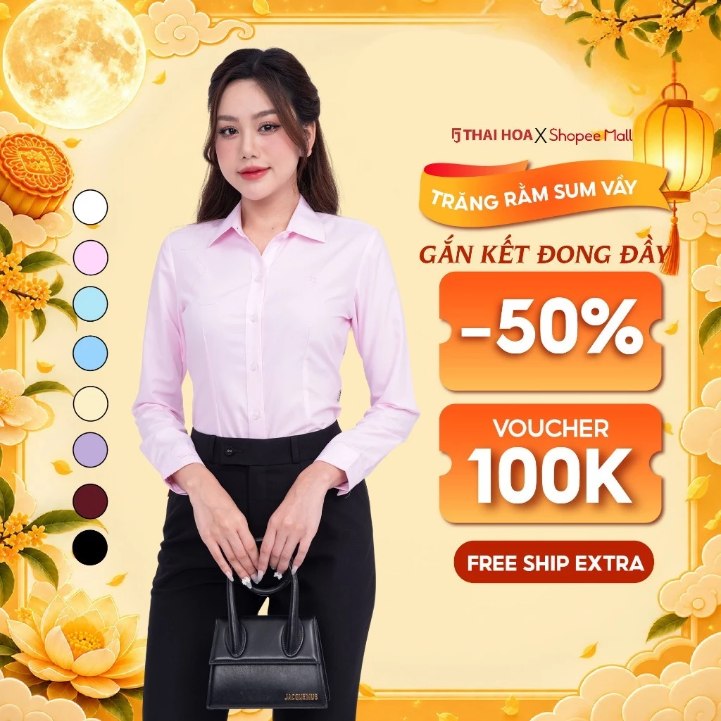 Áo sơ mi nữ R01 dài tay form ôm vải cotton trơn các màu Thái Hòa