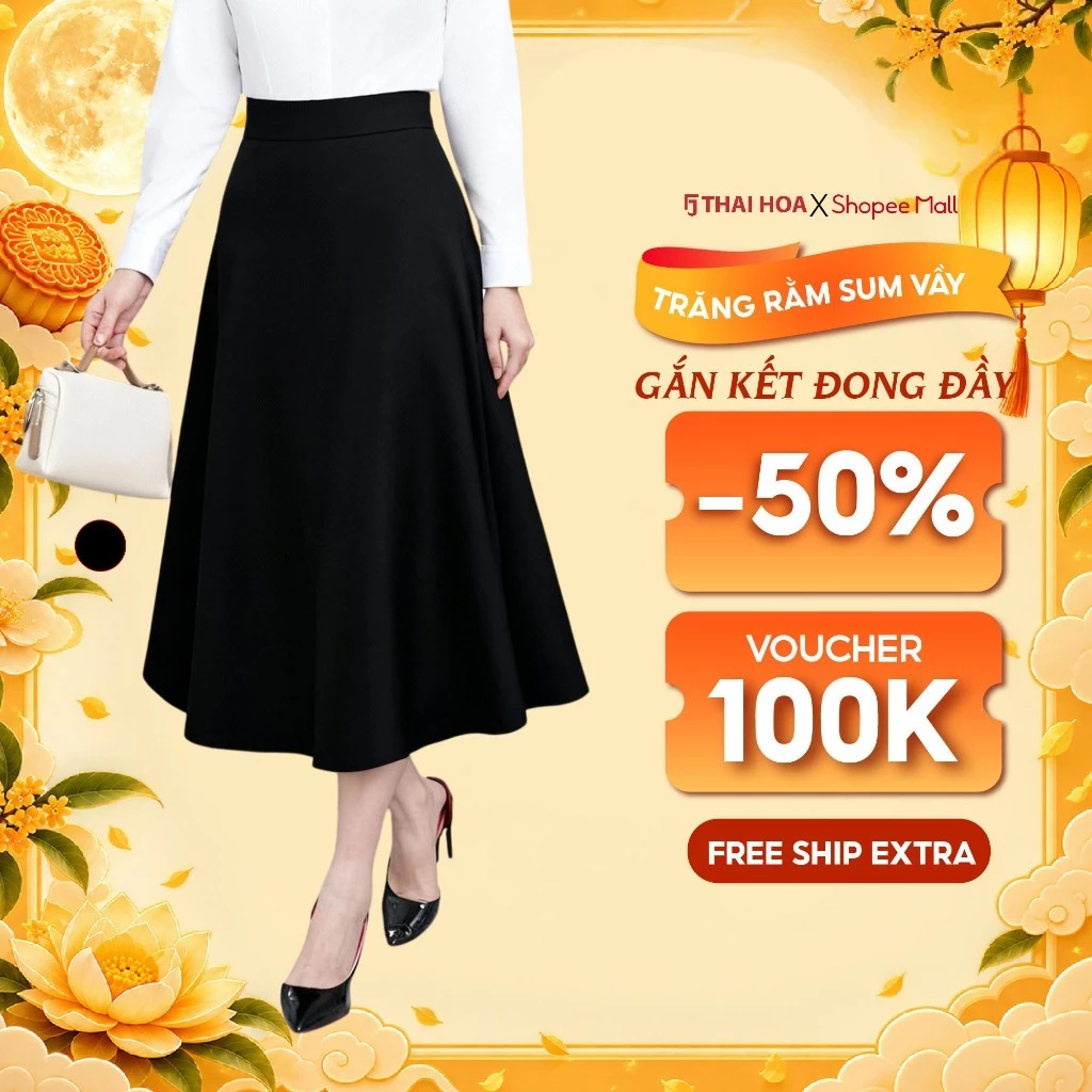 Chân váy xòe nữ 291 chất liệu cotton vải trơn thiết kế cạp cao kiểu dáng thanh lịch Thái Hòa