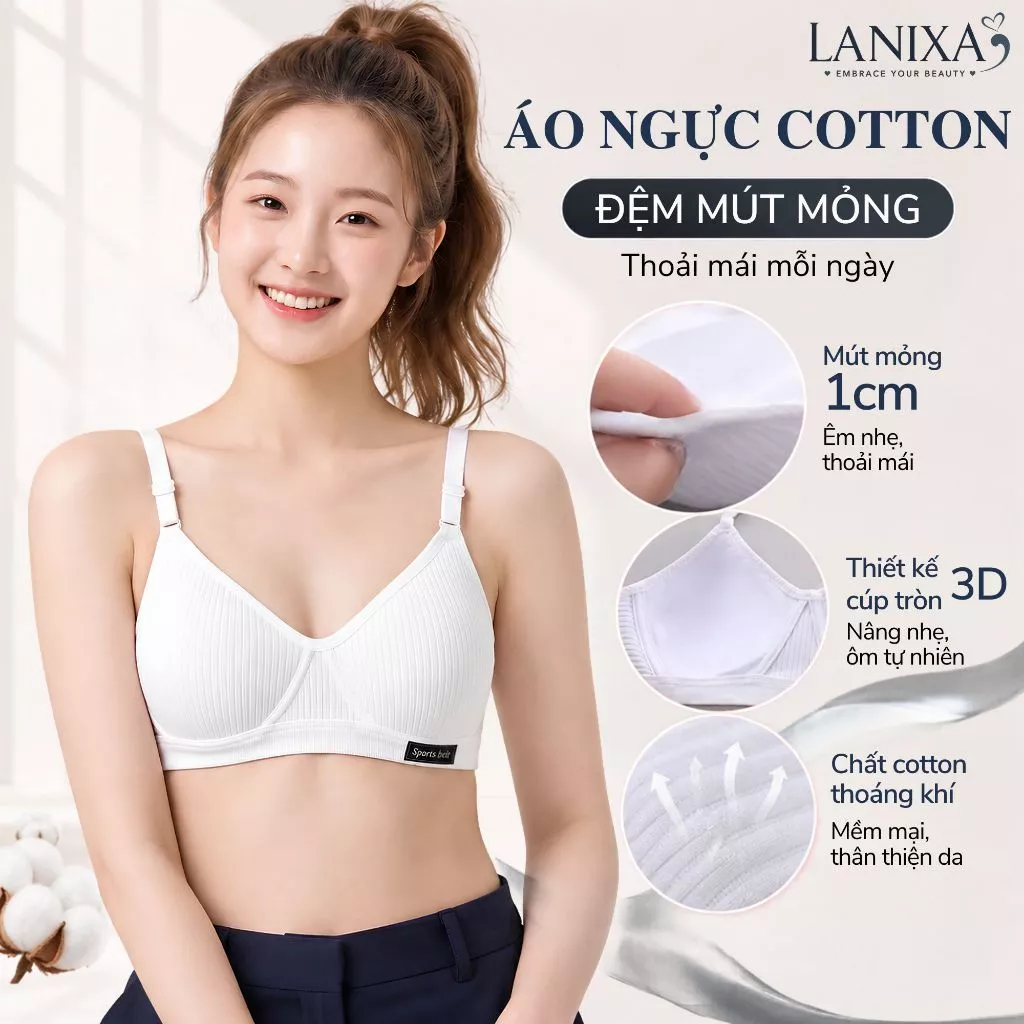 Áo ngực nữ cotton không gọng đệm mút mỏng ôm ngực Áo lót nữ học sinh chất cotton mềm mại LANIXA A554