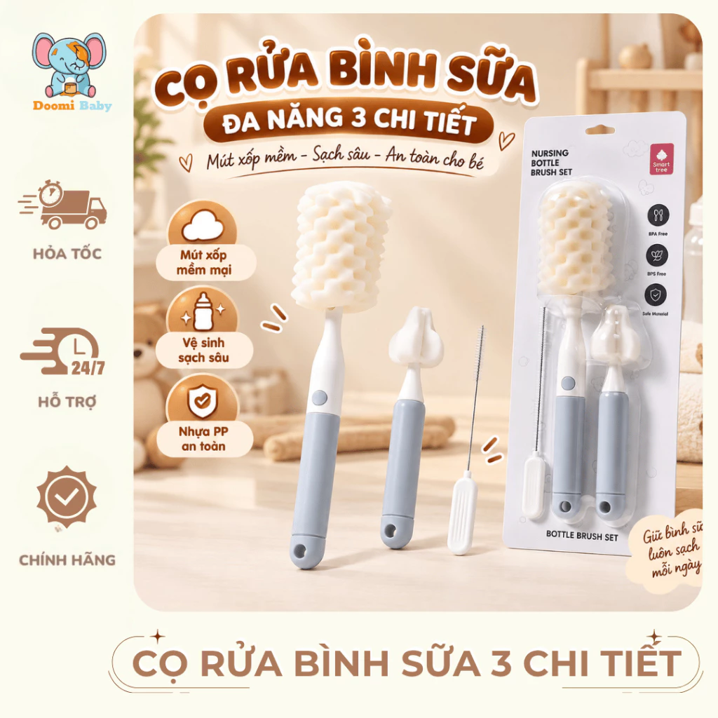Cọ rửa bình sữa đa năng bằng mút xốp 3 chi tiết chất nhiệu nhựa PP Doomi Baby - HT864 - HT869