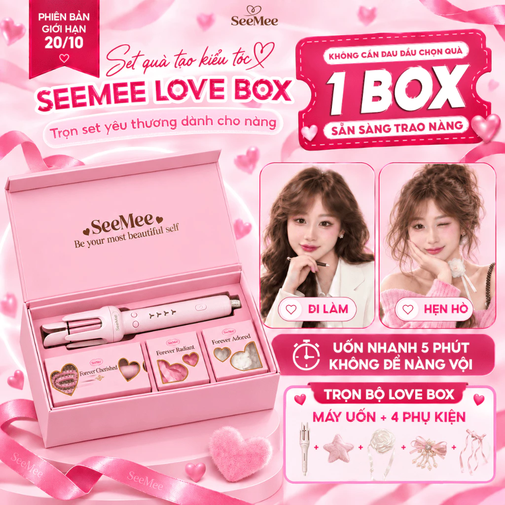 [GIÁ 663K TẠI LIVE SHOP] Set quà tặng cho nữ SEEMEE LOVEBOX máy uốn tóc tạo 2 kiểu xoăn dành tặng bạn gái vợ,LIS