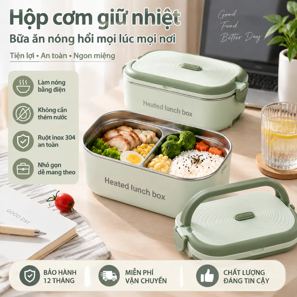 Hộp Cơm Điện Mini Cao Cấp 25W Inox 304, Hộp Cơm Mang Đi Cho Văn Phòng, Thiết Kế Nhỏ Gọn Hâm Nóng Dễ Dàng