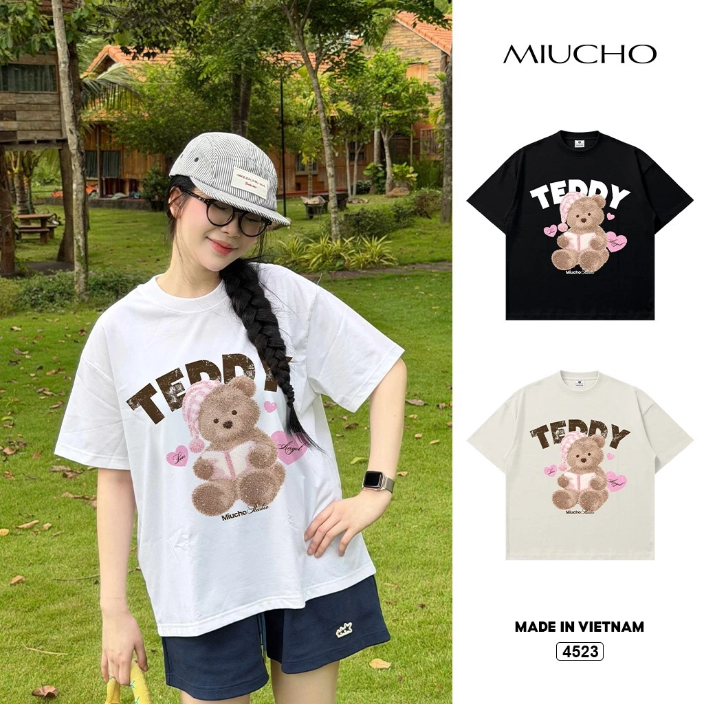 Áo thun nữ boxy Miucho gấu dễ thương in mix 4523