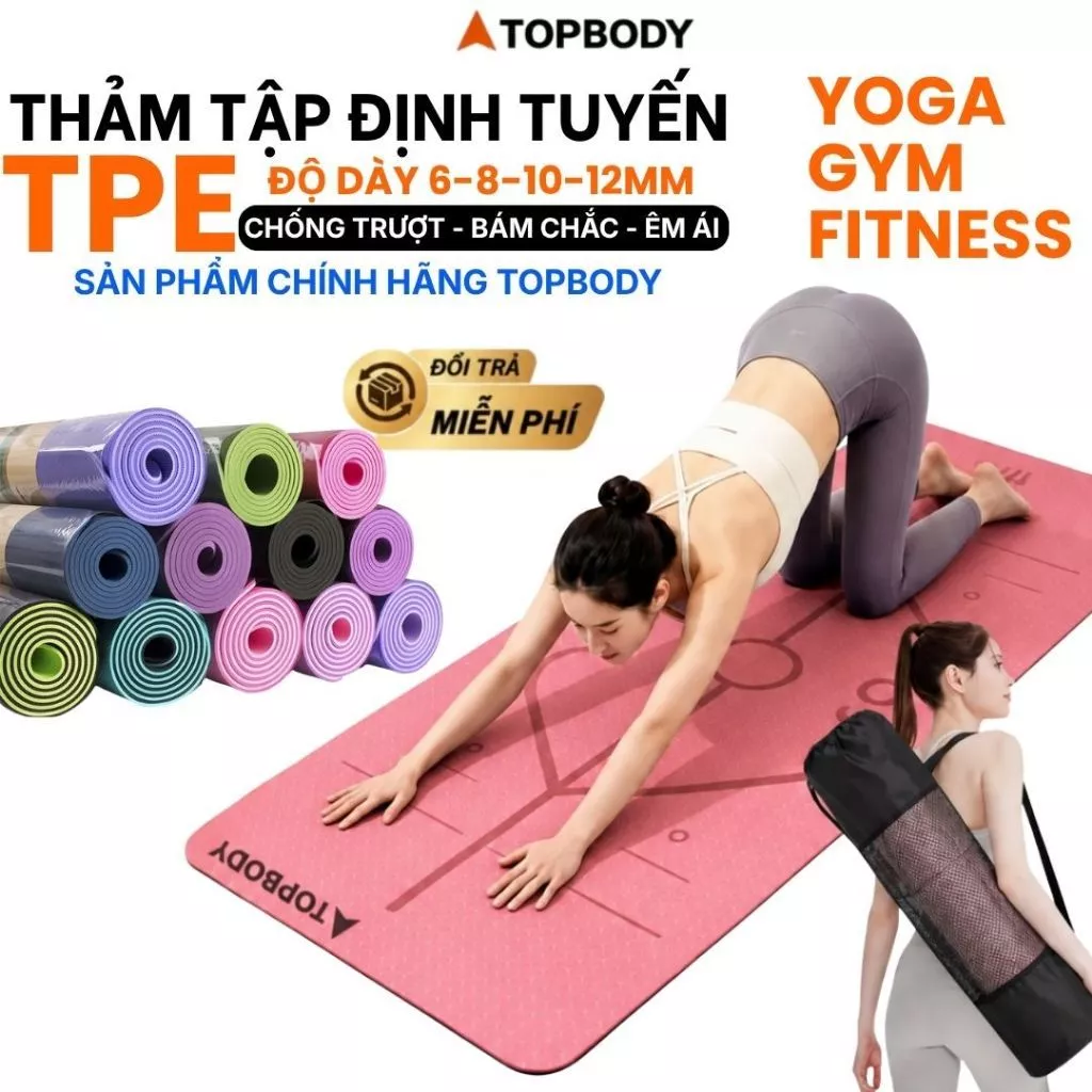 Thảm Yoga Định Tuyến TOPBODY 6/8/10mm Chống Trượt Chất Liệu TPE Cao Cấp Kèm Túi Đựng Đàn Hồi Tốt