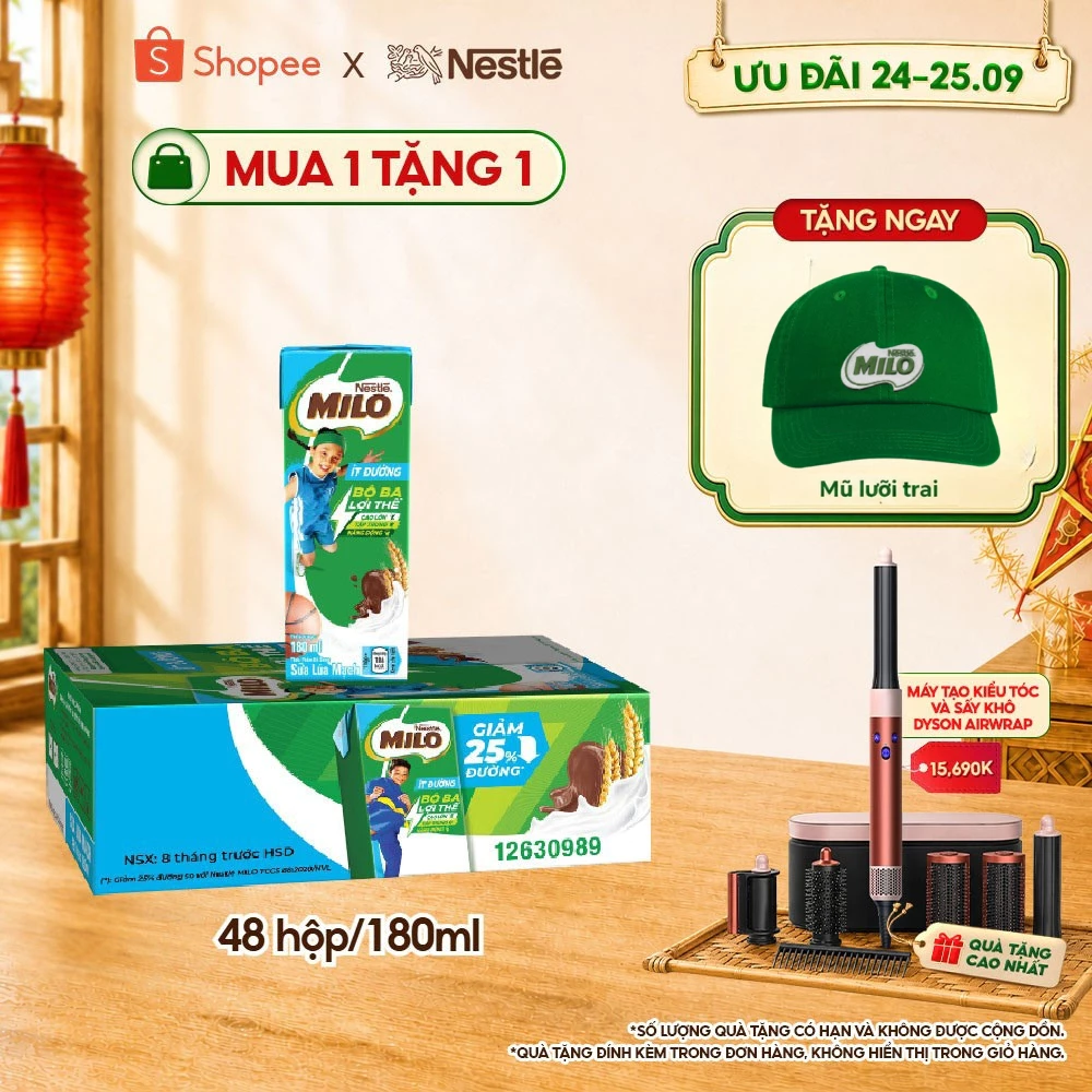 [Live] Sữa lúa mạch Nestlé® MILO® ít đường thùng 12 x 180ml (12x4x180ml)