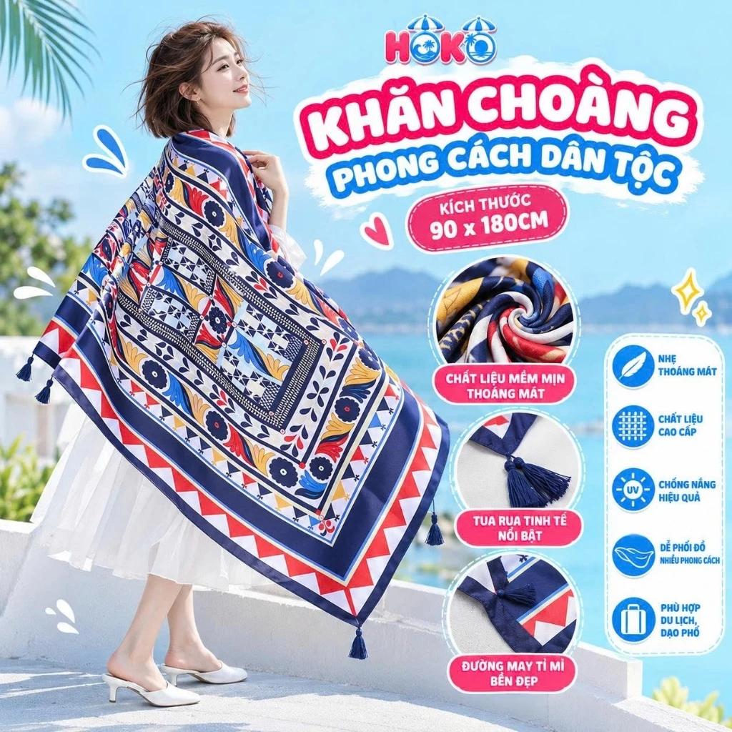Khăn lụa choàng vuông cao cấp HOKO khăn Boho 90*180 khăn choàng cổ, buộc tóc, trùm đầu đi biển