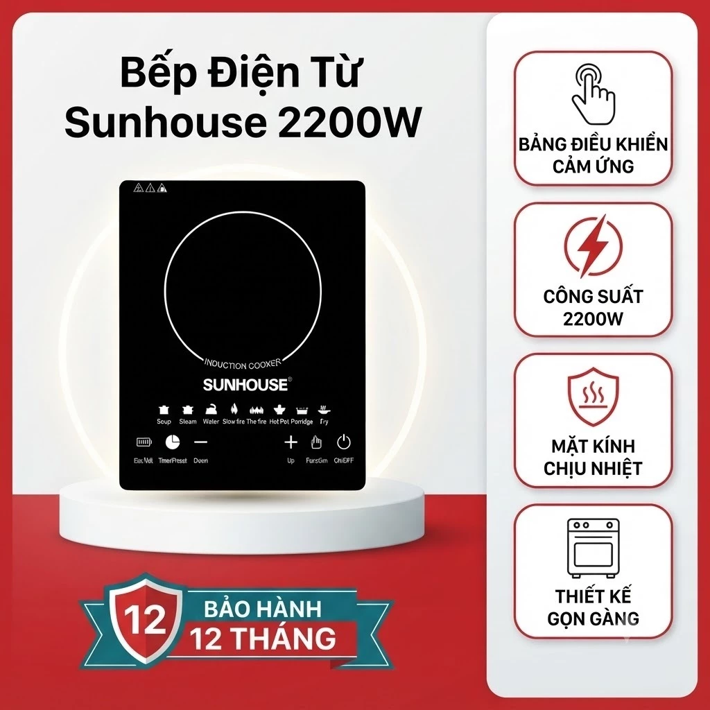 Bếp Từ Cảm Ứng SUNHOUSE 2200W Kèm Nồi Inox – Bếp Điện Từ Để Bàn Nấu Ăn Gia Đình