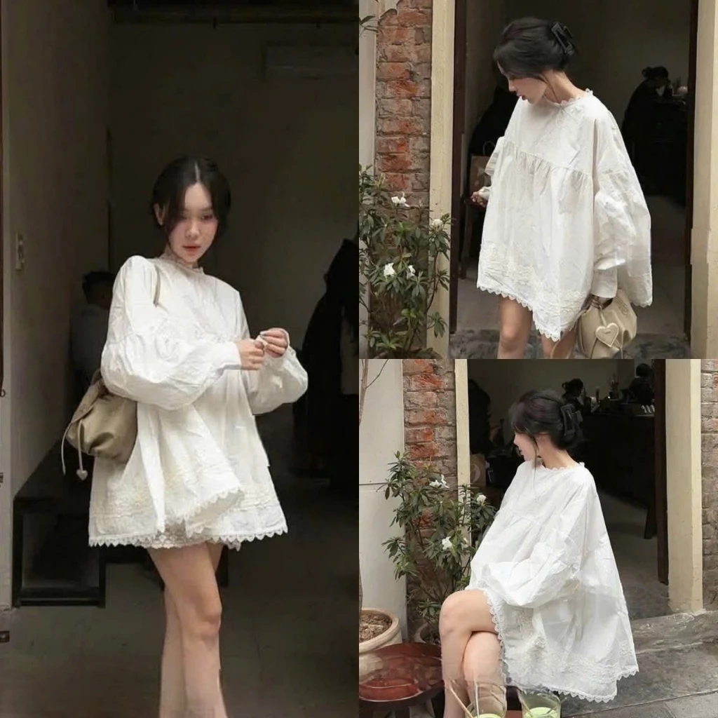 (Hàng Mới): Set 2 Món Áo Cổ Kín Phối Ren Dáng Dài Tay Bo From Rộng Mix Quần Sooc Tone Trắng Cực Xinh-Ảnh Thật Lollaye