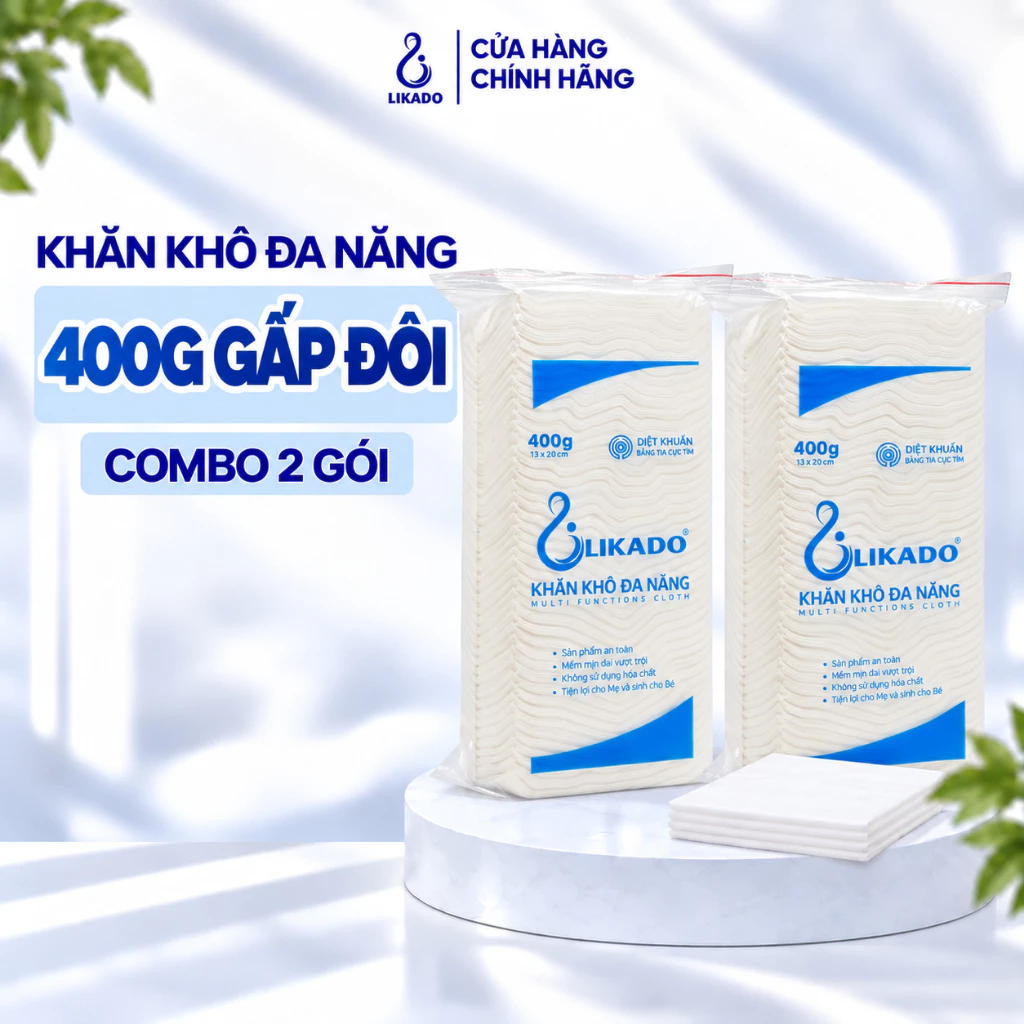 Khăn khô đa năng likado 400g kích thước 15x20cm thấm hút tốt không mùi cho mẹ và bé - SET 2 GÓI
