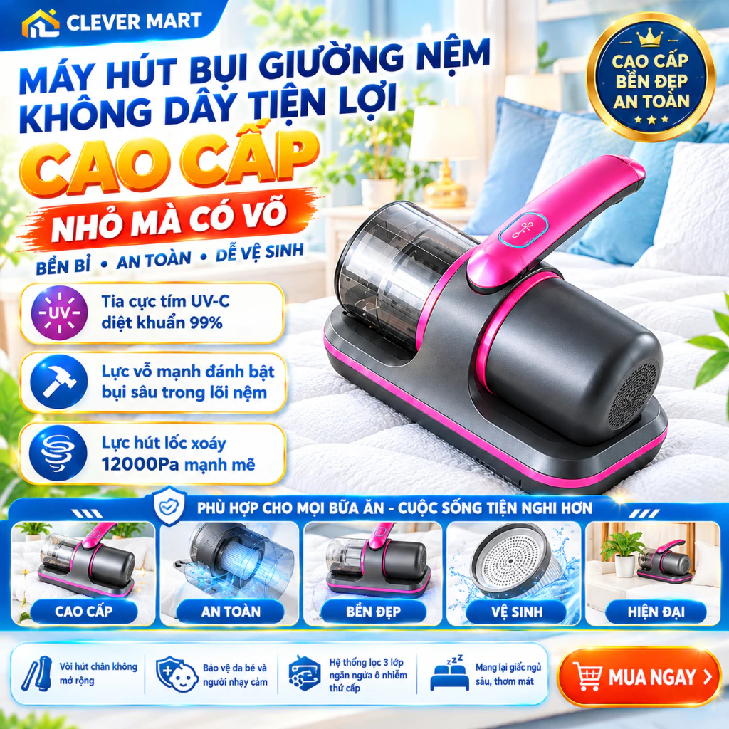 Máy Hút Bụi Giường Nệm Diệt Khuẩn Và Loại Bỏ Bụi Mịn, Máy Hút Bụi Cầm Tay Không Dây 12000Pa