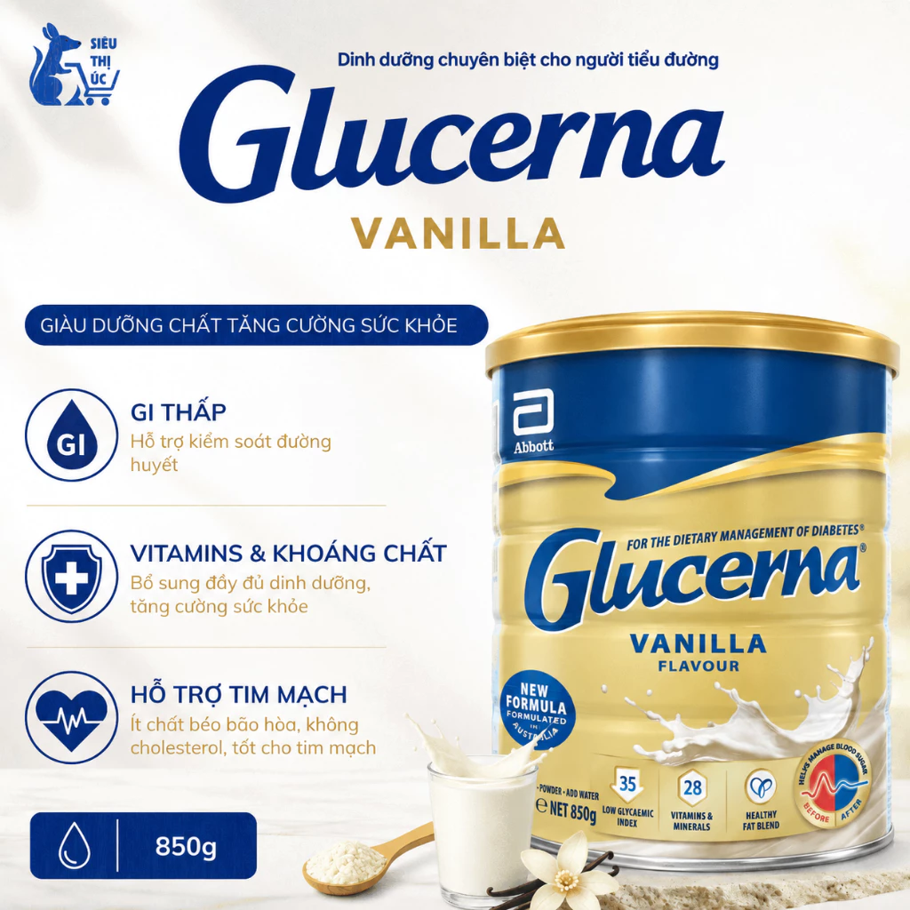 Hộp Sữa Bột Glucerna 850g Dành Cho Người Tiểu Đường Hàng Chính Hãng Nhập Khẩu Úc