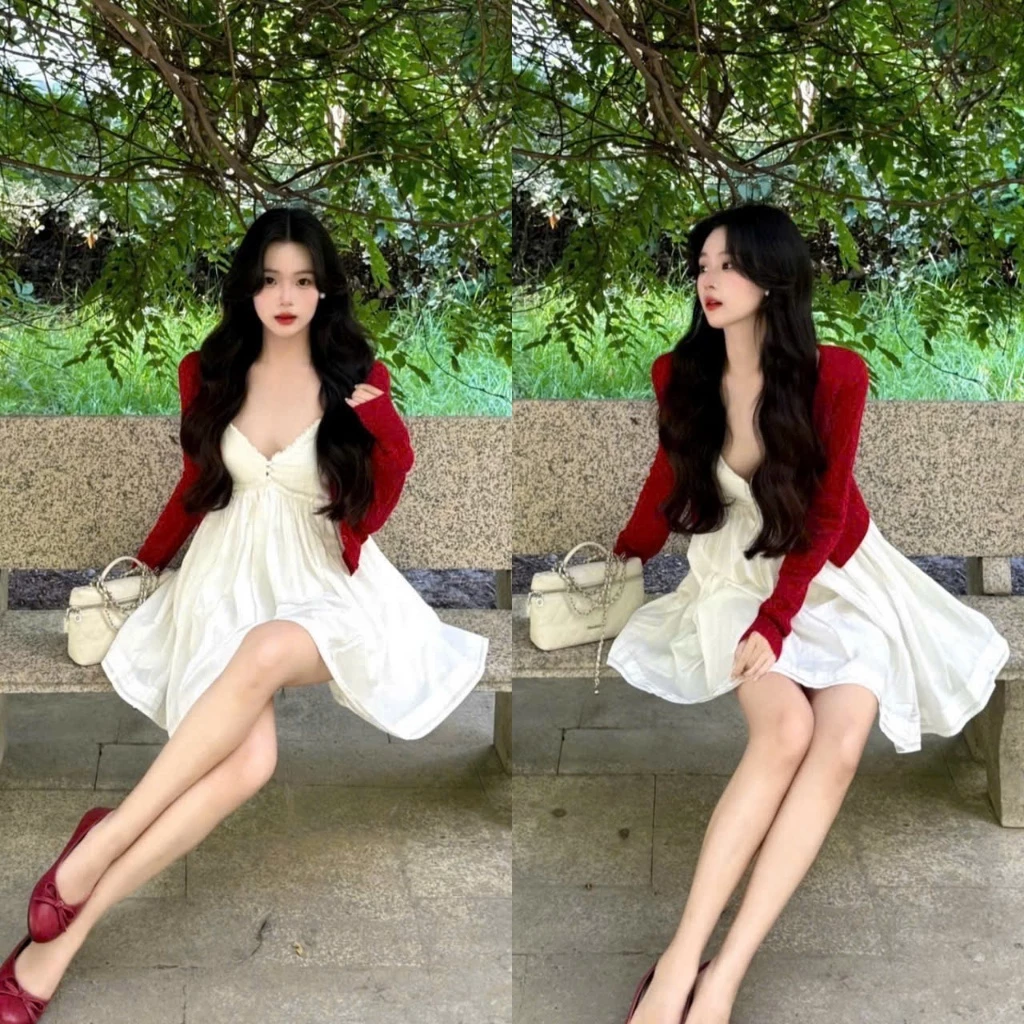 (Set 2 Món): Set Váy Khoác Đỏ Cherry Bozip Dài Tay Mix Váy 2 Trắng Dây Thô Nến Dáng Xoè Ly Gấu-Ảnh Thật Lollaye