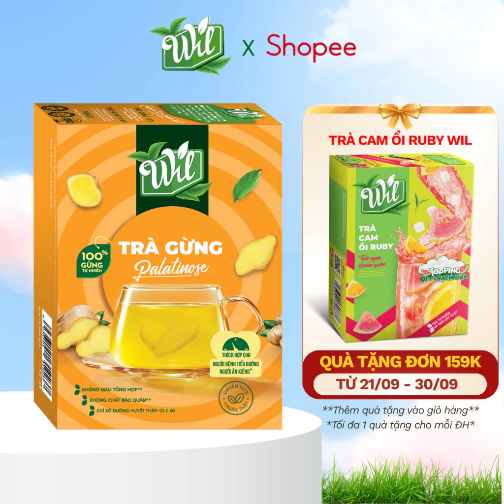 Trà gừng Wil thành phần đường ăn kiêng trà hòa tan hỗ trợ giảm cân 12 gói