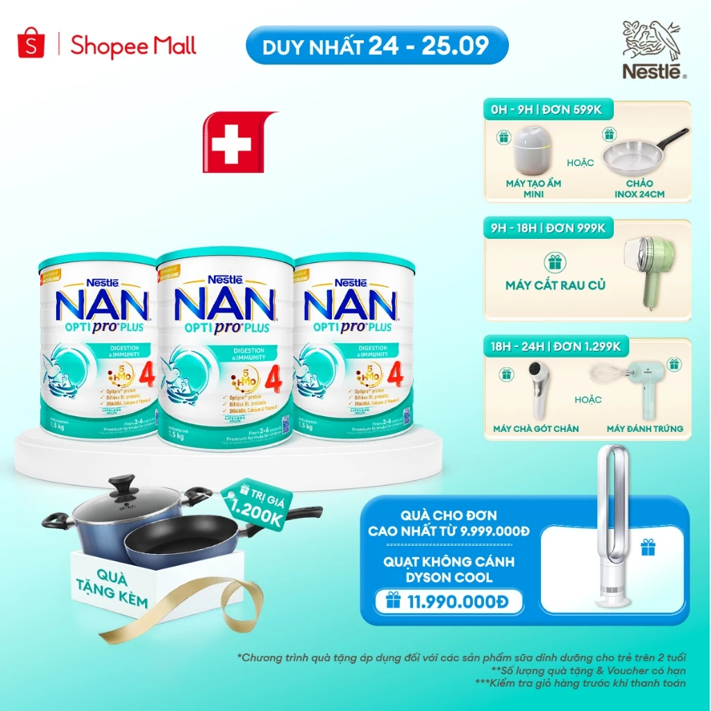 [Tặng Set nồi chảo Elmich] Bộ 3 lon Sữa Bột Nestlé NAN OPTIPRO PLUS 4 Cho Trẻ 2-6 Tuổi, 1,5KG, Với 5HMO Và Đạm OPTIPRO