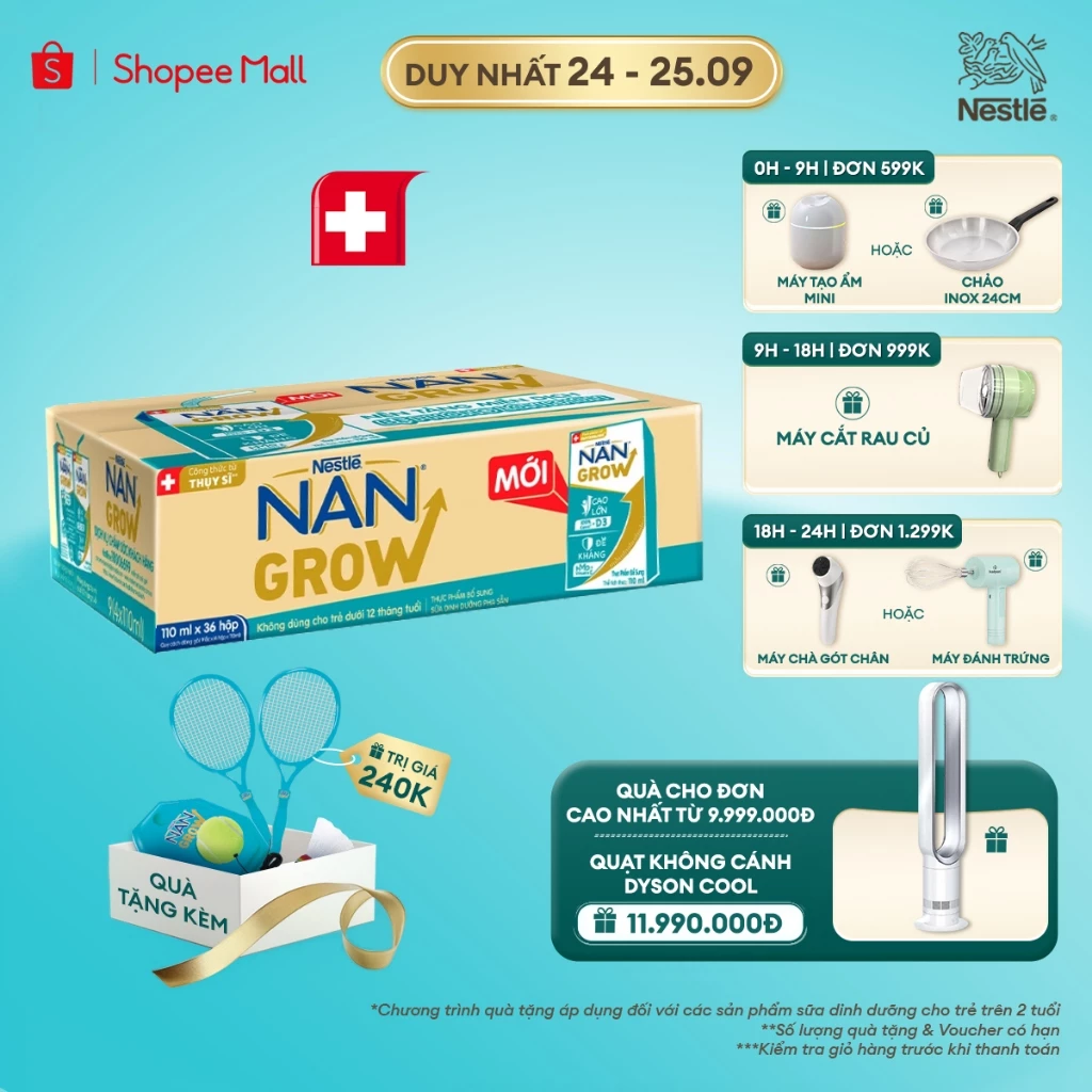 [Tặng Đồ chơi cầu lông] Thùng 36 hộp Sữa bột pha sẵn Nestlé NANGROW 110ml cho bé trên 1 tuổi