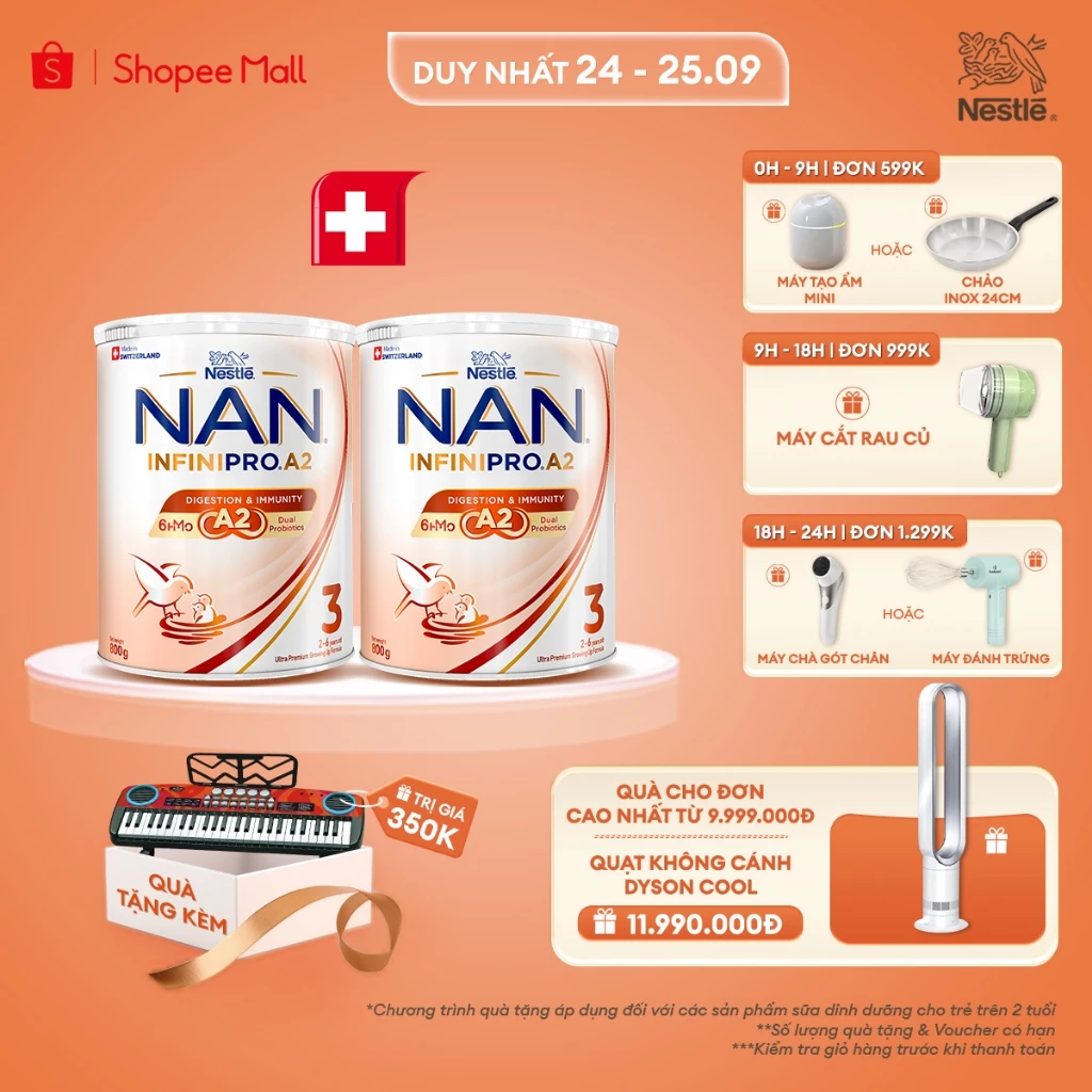 [Tặng Đồ chơi đàn organ] Bộ 2 lon Sữa bột Nestle NAN INFINIPRO A2 3 800g Cho Bé 2-6 Tuổi Có Đạm A2, 6HMO & Lợi Khuẩn Kép