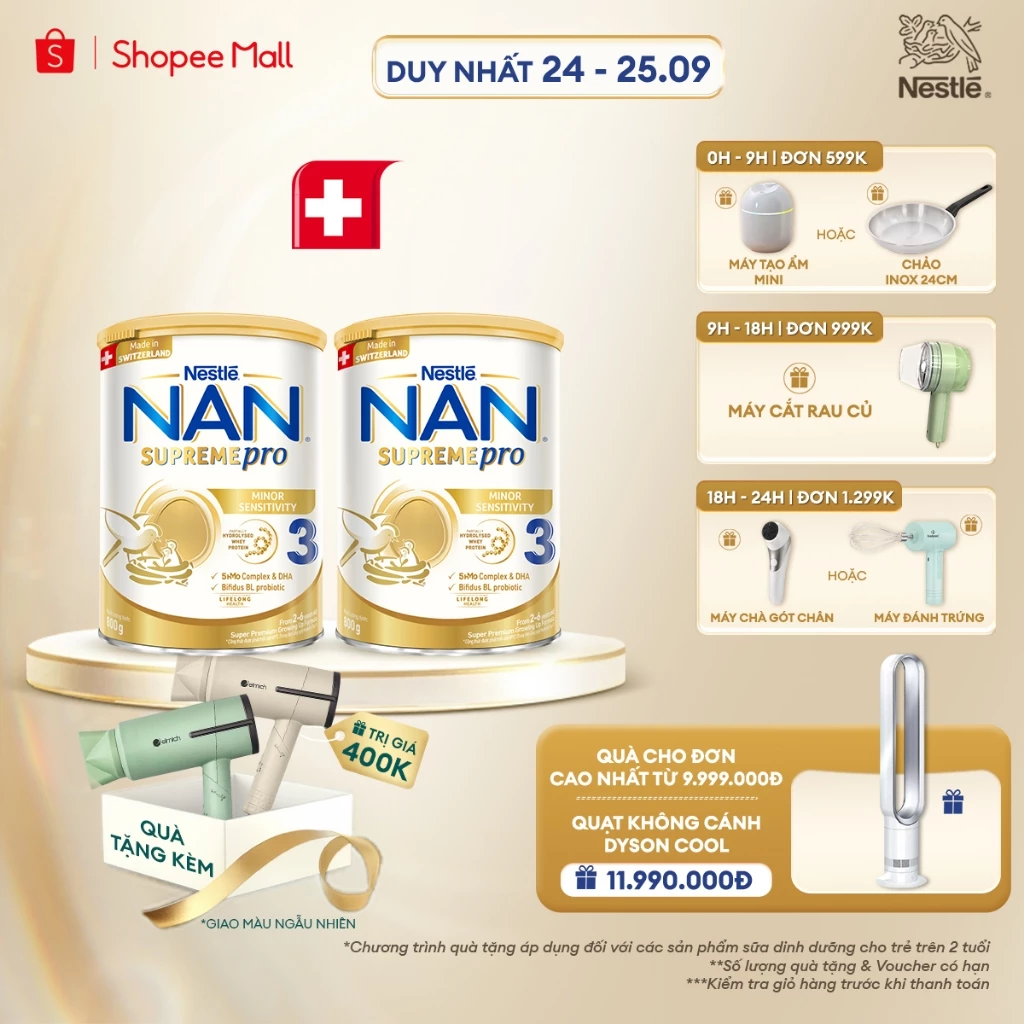 [Tặng Máy sấy tóc]Bộ 2 Lon Sữa bột Nestle NAN SUPREMEPRO 3 800g có đạm Whey thủy phân 1 phần hỗ trợ triệu chứng mẫn cảm