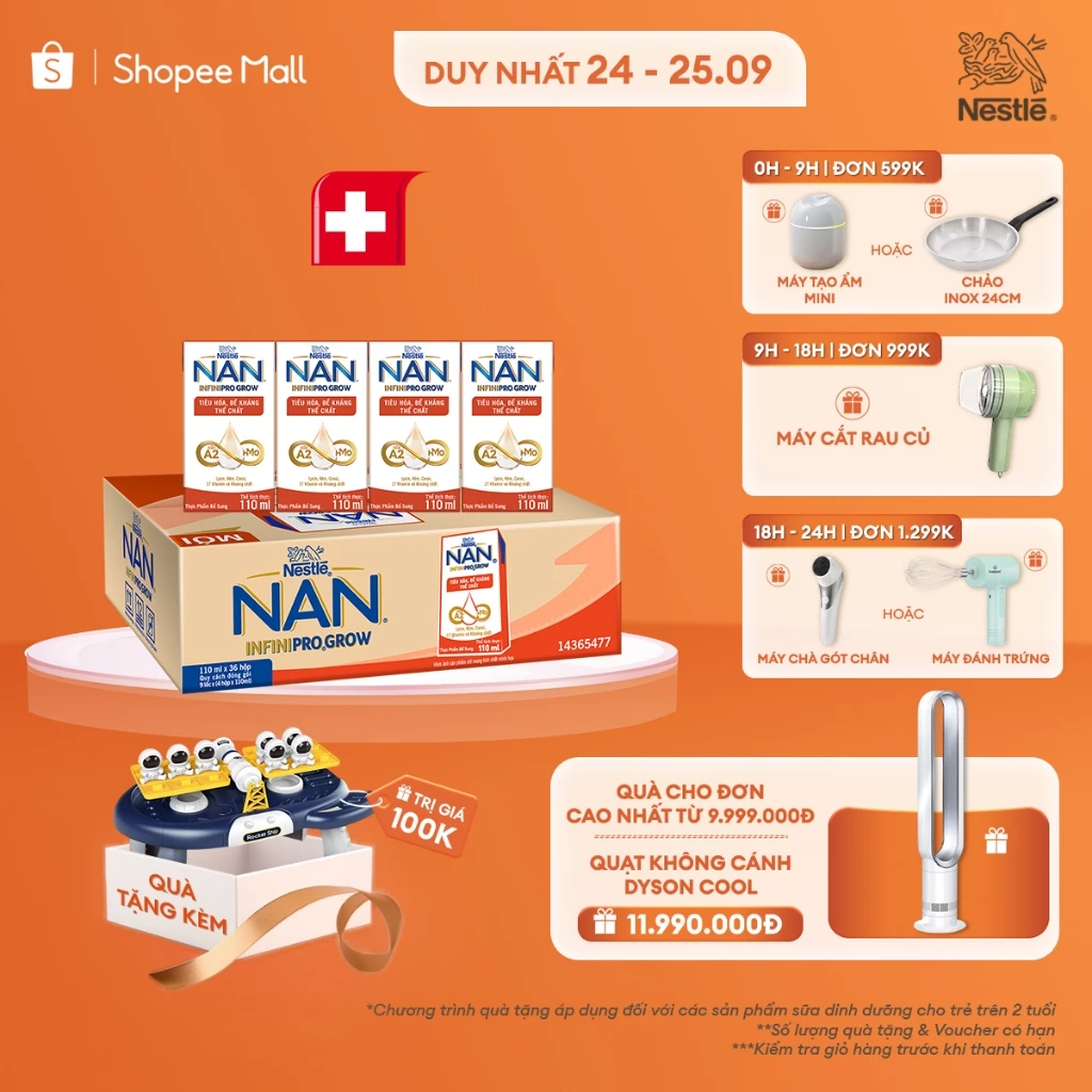 [Tặng Đồ chơi bàn học toán] Thùng 36 hộp sữa pha sẵn Nestle NAN INFINIPRO GROW A2&HMO hỗ trợ tiêu hóa,đề kháng(4x110ml)