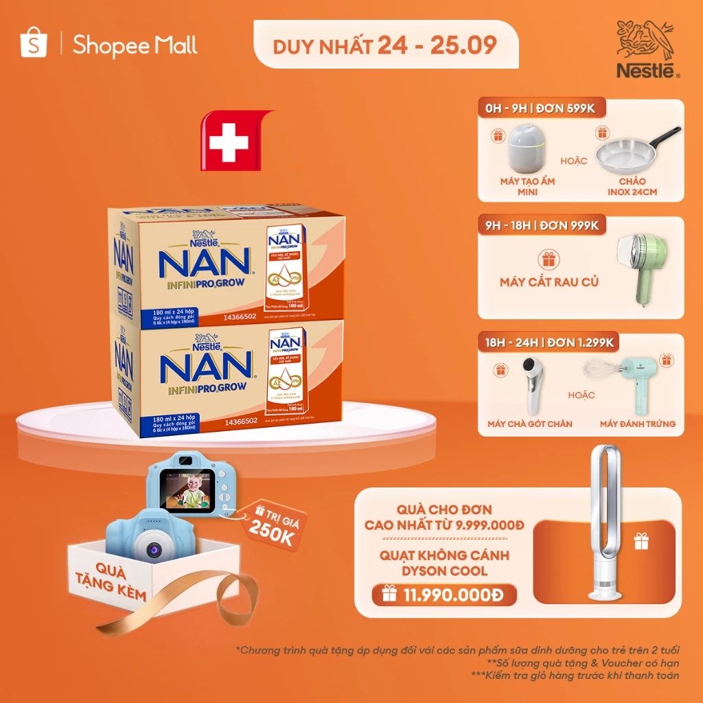 [Tặng Máy chụp ảnh] Combo 2 Thùng 24 hộp sữa pha sẵn Nestle NAN INFINIPRO GROW A2&HMO hỗ trợ tiêu hóa,đề kháng(4x180ml)