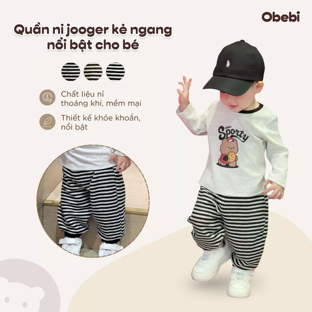Quần Nỉ Họa Tiết Kẻ Ngang Thời Trang Cho Bé Trai Bé Gái Obebi Từ 9 - 23kg Q278