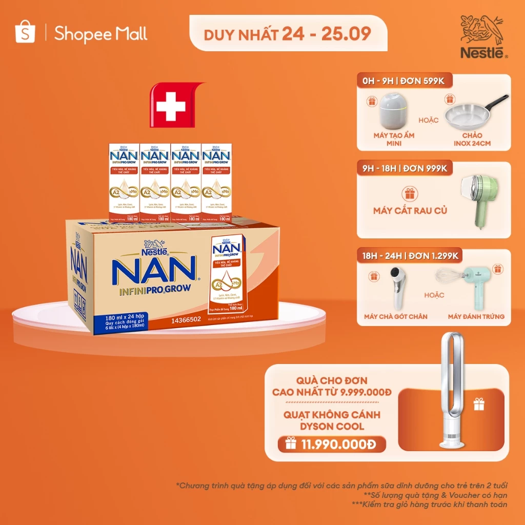Thùng 24 hộp sữa pha sẵn Nestle NAN INFINIPRO GROW với A2 & HMO hỗ trợ tiêu hóa, đề kháng & phát triển thể chất(4x180ml)