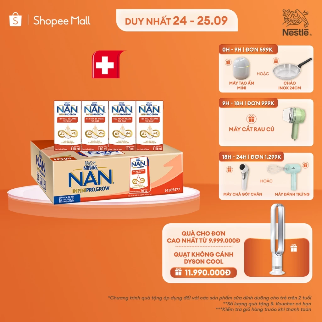 Thùng 36 hộp sữa pha sẵn Nestle NAN INFINIPRO GROW với A2 & HMO hỗ trợ tiêu hóa, đề kháng & phát triển thể chất(4x110ml)
