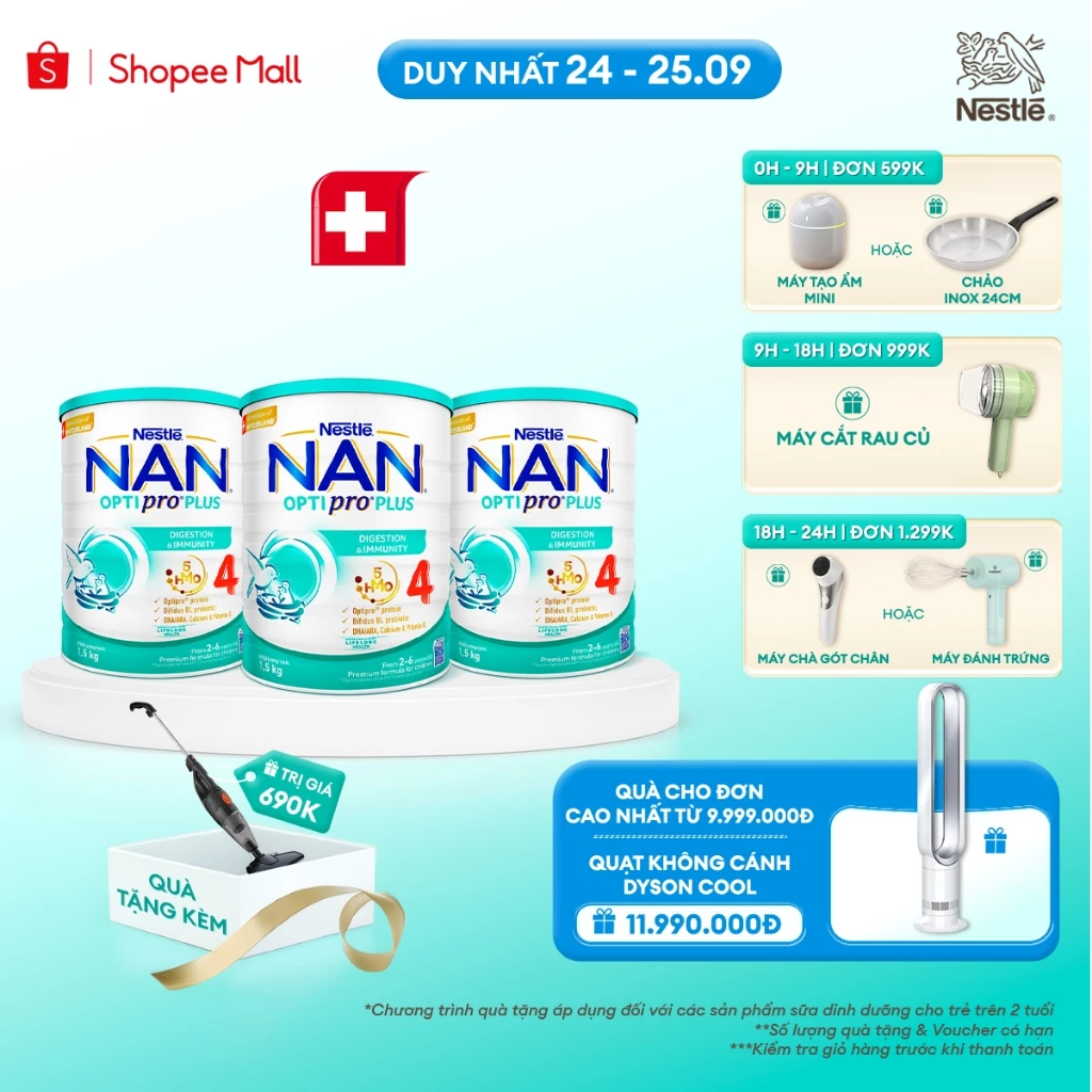 [Tặng Máy hút bụi cầm tay Gaabor]Bộ 3 lon Sữa Bột Nestlé NAN OPTIPRO PLUS 4 Cho Trẻ 2-6 Tuổi, 1,5KG,Với 5HMO&Đạm OPTIPRO