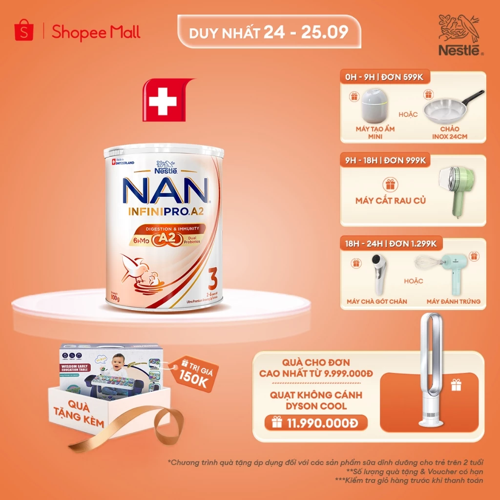 [Tặng Đồ Chơi Bàn Kèm Chữ Cái] Sữa bột Nestle NAN INFINIPRO A2 3 800g Cho Bé 2 - 6 Tuổi Có Đạm A2, 6HMO & Lợi Khuẩn Kép