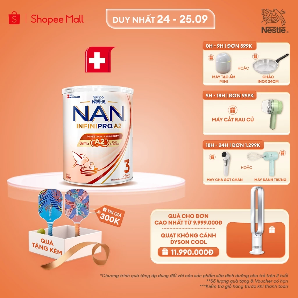 [Tặng Bộ vợt pickleball] Sữa bột Nestle NAN INFINIPRO A2 3 800g Cho Bé 2 - 6 Tuổi Có Đạm A2, 6HMO & Lợi Khuẩn Kép